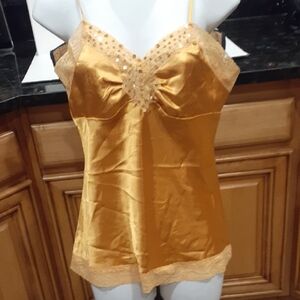 NWT Elegant Gold Satin Women's Camisole Top Lace Trim At Bodice And Hem Sz Med.